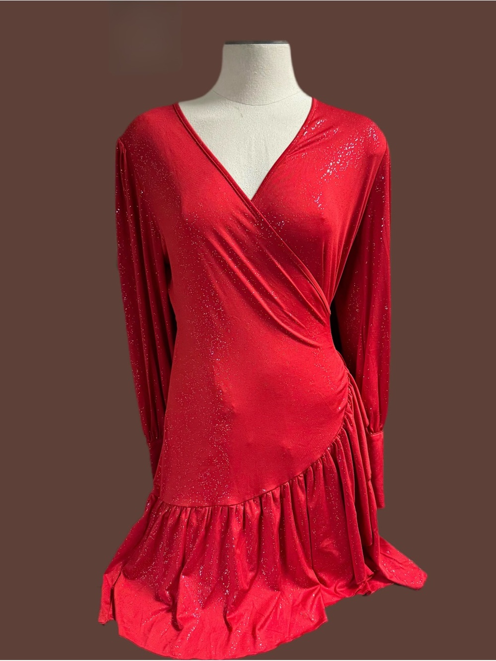 Elegant Red Glitter Wrap Long-Sleeve Dress